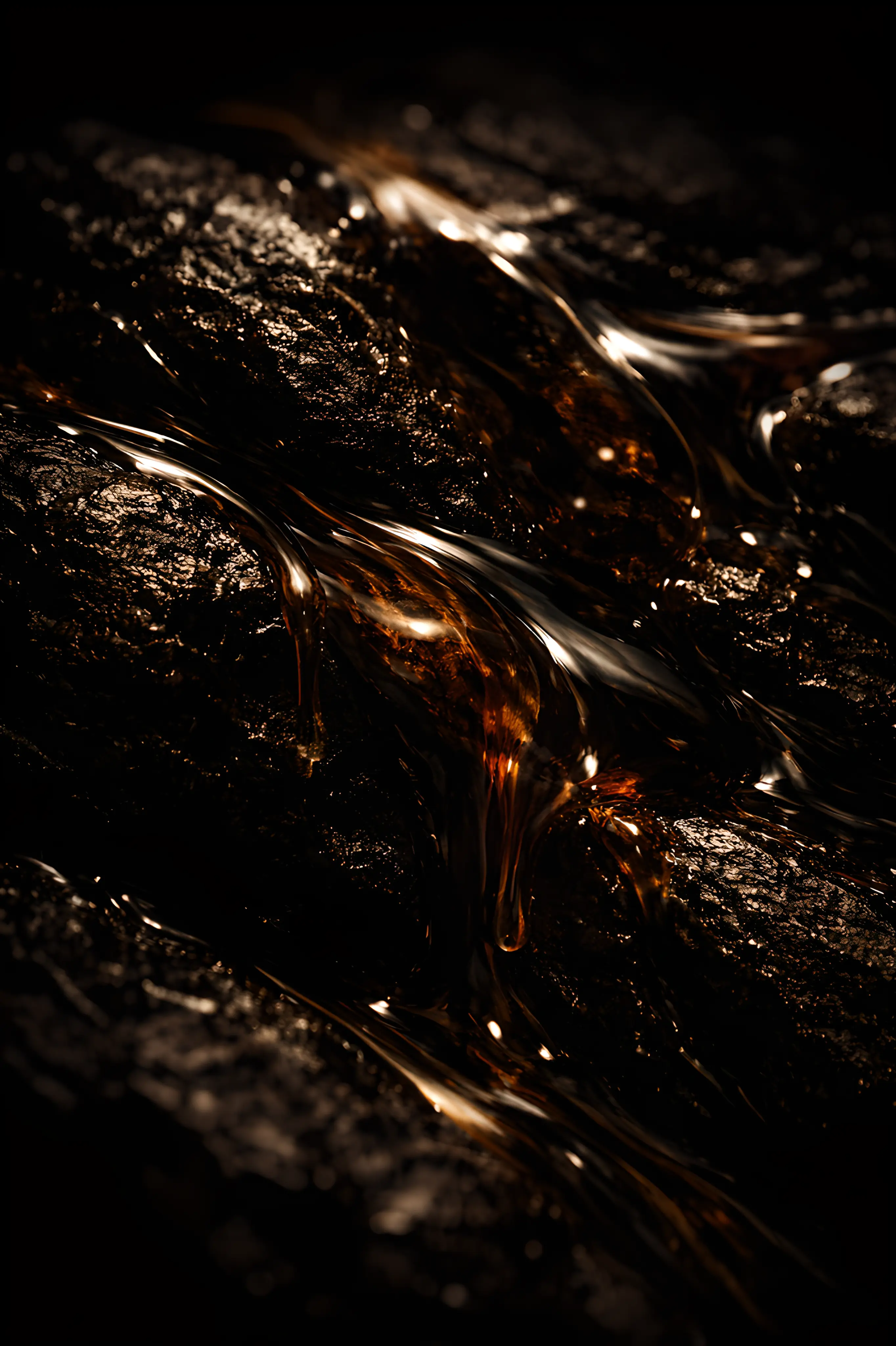 Matière sombre et minérale évoquant un extrait de parfum intense, avec une texture dense et profonde aux reflets ambrés.
