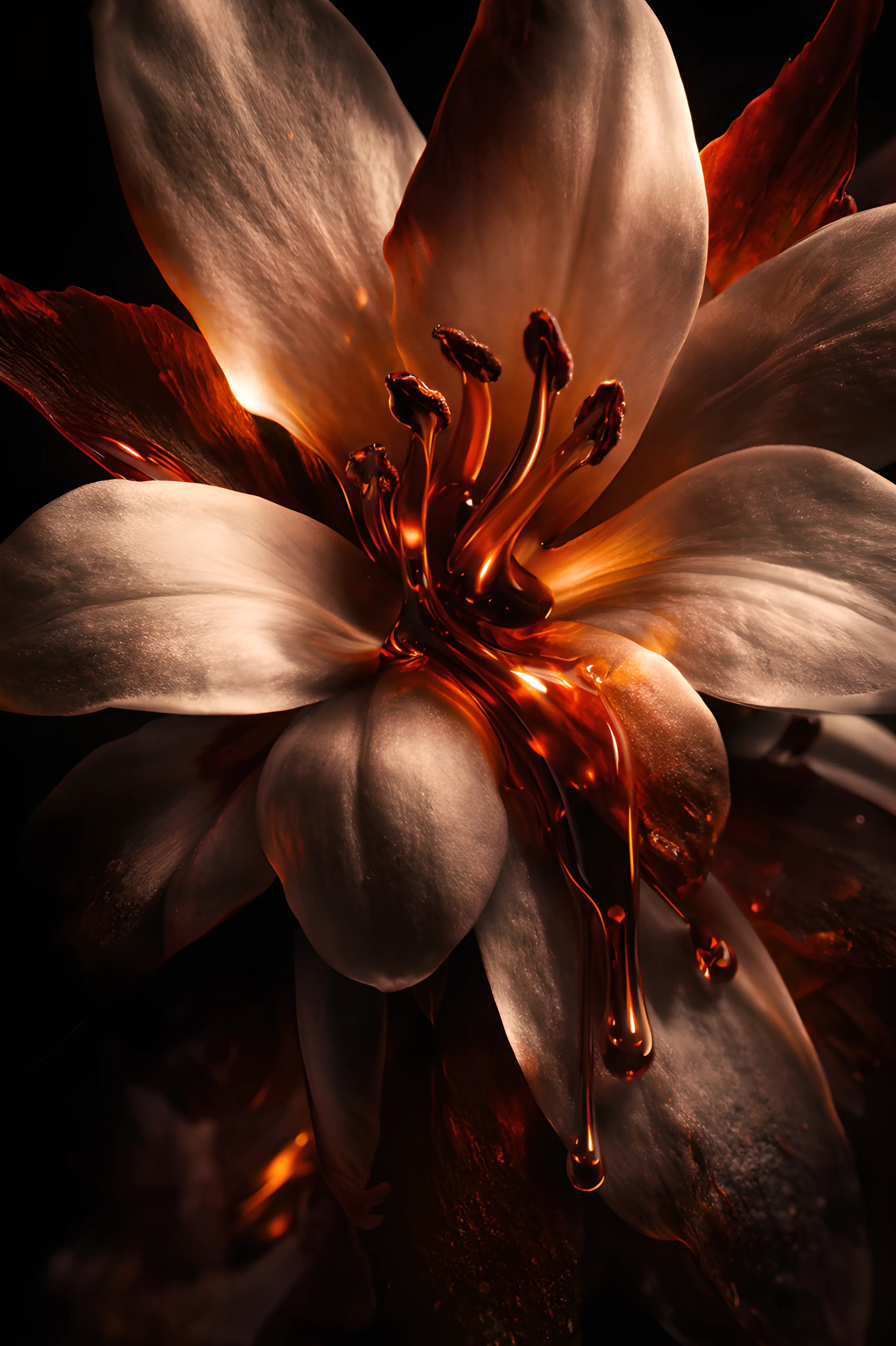 Floral intense et charnel aux contrastes marqués, évoquant des notes d’hibiscus, de rose et de fleurs blanches dans un extrait de parfum contemporain.