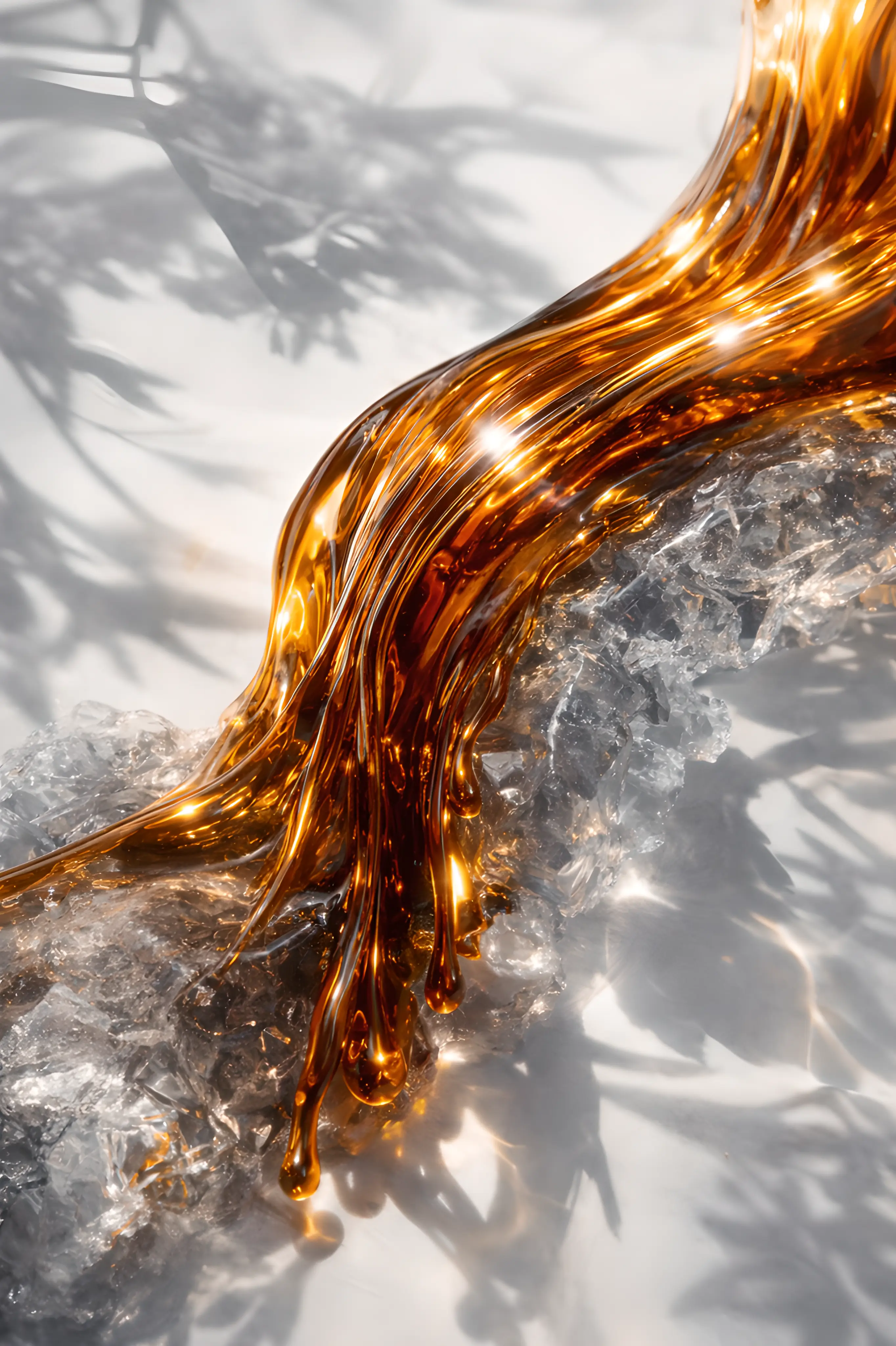 Jeu de lumière et de contraste entre matière claire et ambre lumineux, traduisant une sensation moderne et vibrante d’extrait de parfum.