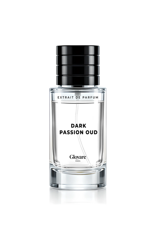 Flacon de l’extrait de parfum Dark Passion Oud par Gloyare, oud intense et fruits noirs profonds