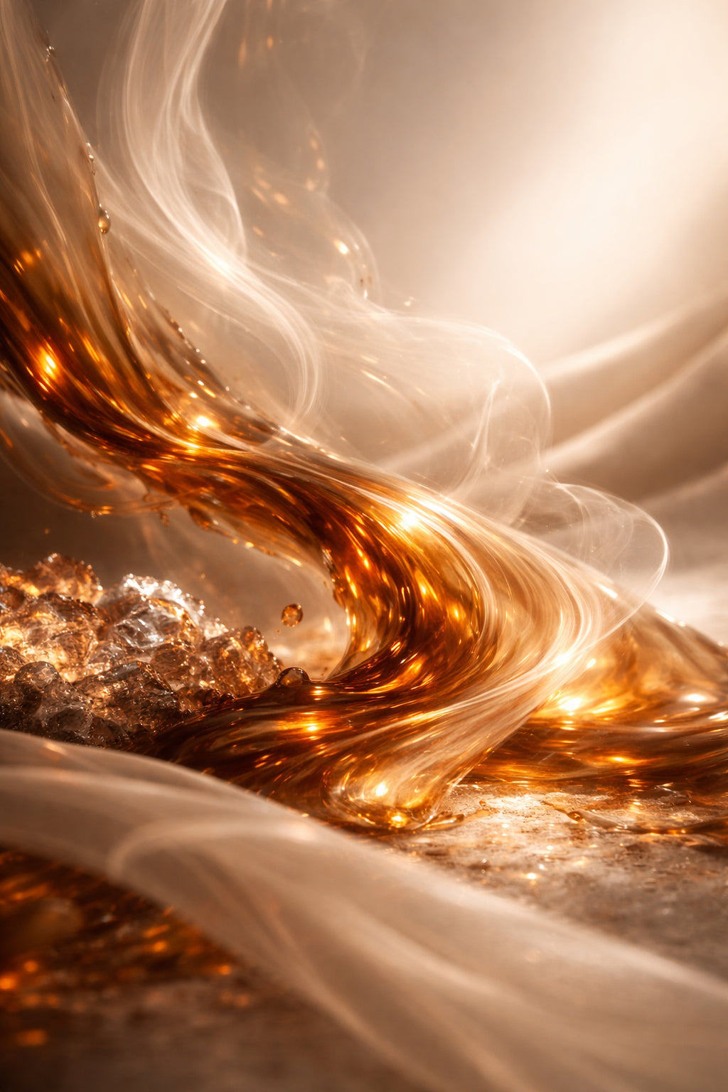 Composition artistique évoquant l’intensité et la tenue d’un extrait de parfum Gloyare, avec une matière ambrée en mouvement symbolisant une empreinte olfactive durable et élégante.